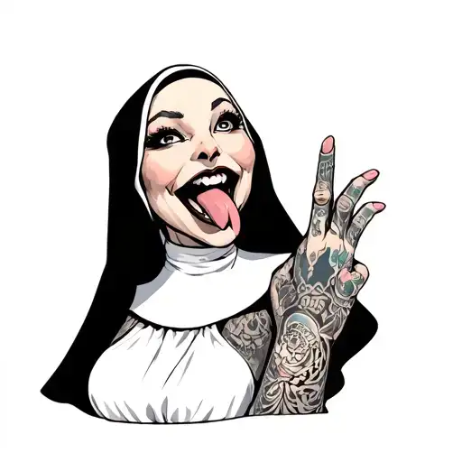 a chick dressed as nun with her toungue out and 1 finger on the tongue, with hand full of tattos  tattoo design idea
