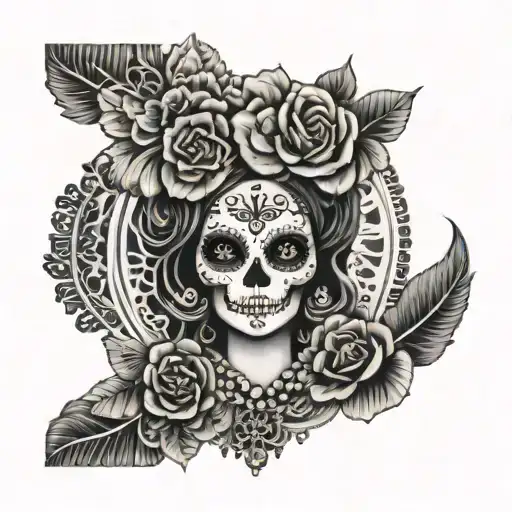 la catrina, flowers, mandala, pearl necklace tattoo design idea