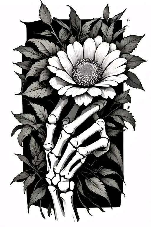 skeleton hand hold a flower blooming tattoo design idea