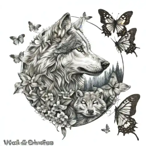 wolf and butterflies tattoo design idea
