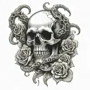 skull and bones over a kracken on a background of roses tattoo design idea