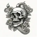 skull and bones over a kracken on a background of roses tattoo design idea