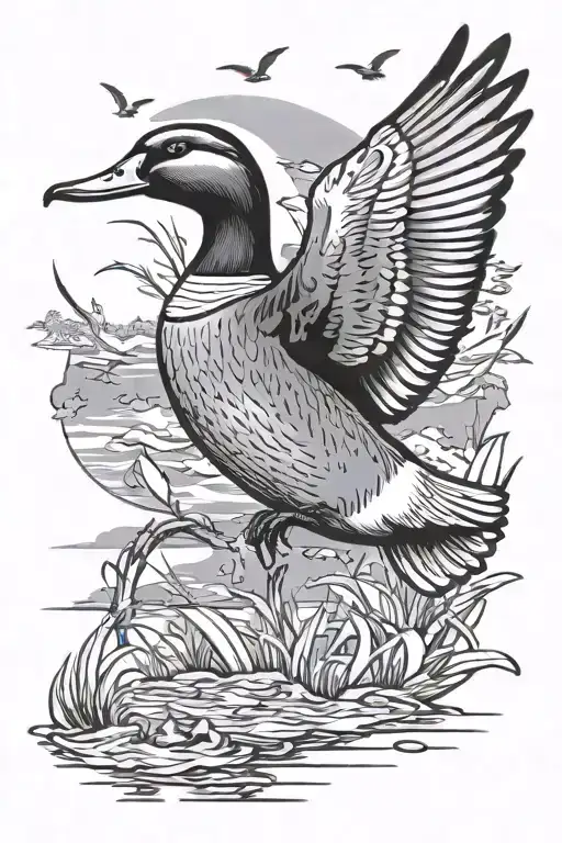 duck hunting mallard duck flying nature scene tattoo design idea