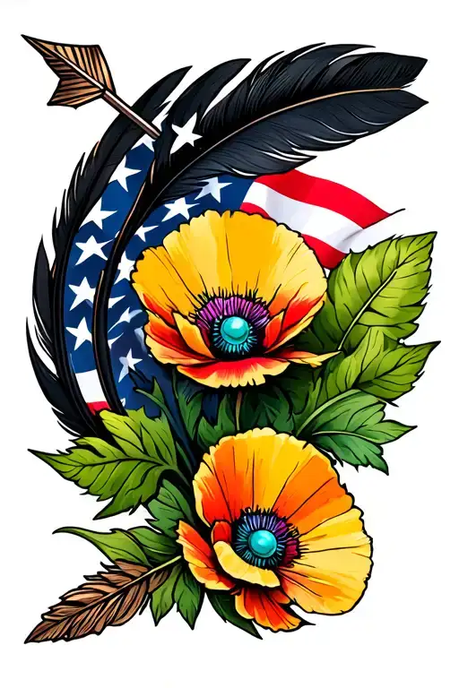american flag , black feathers downward spiral, arrow, small poppy flower, turquoise jewlery, green leaves tattoo design idea