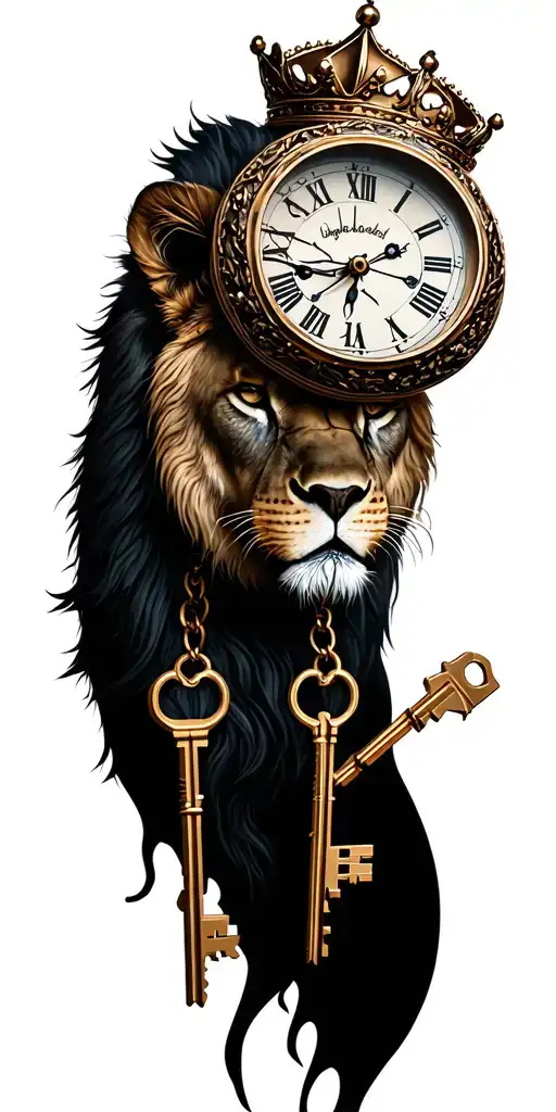 queen crown lioness broken timer locket with two keys vines tattoo design idea