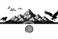 Peruvian mountain range with 3 coca leaves and pachamama spiral and surrounded by a cougar and a snake and a condor tattoo design idea