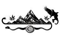 Peruvian mountain range with 3 coca leaves and pachamama spiral and surrounded by a cougar and a snake and a condor tattoo design idea