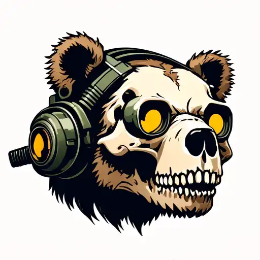 A bear skull wearing a special forces radio headset with night vision lenses facing the camera. tattoo design idea