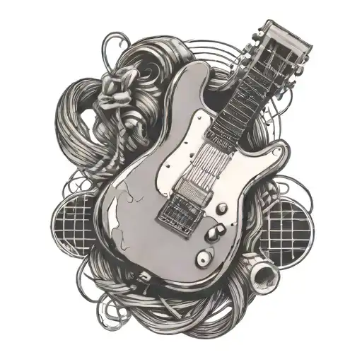 music cords, wrapped around a forearm, holding a electric guitar and a old school microphone  tattoo design idea