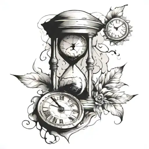 clock with cracks and hourglass tattoo design idea