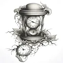 clock with cracks and hourglass tattoo design idea