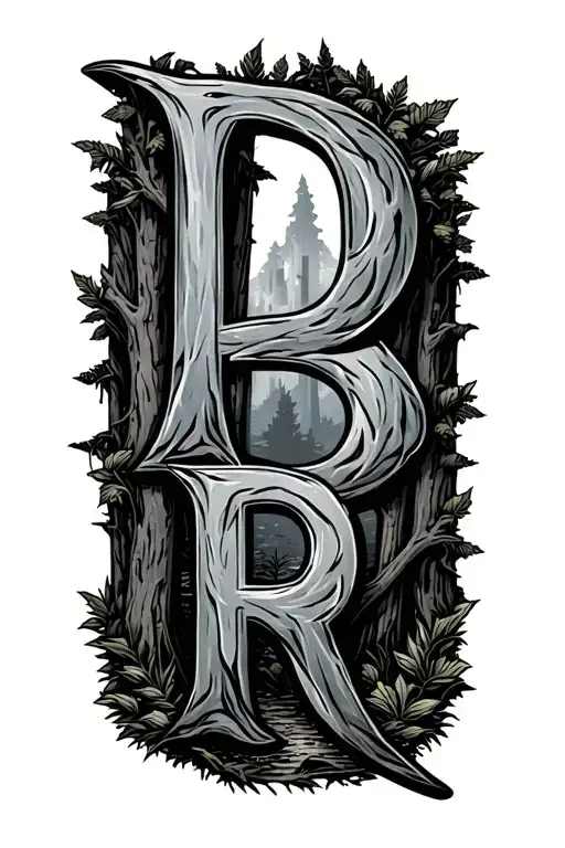 The letters DORI with a cool woods background tattoo design idea