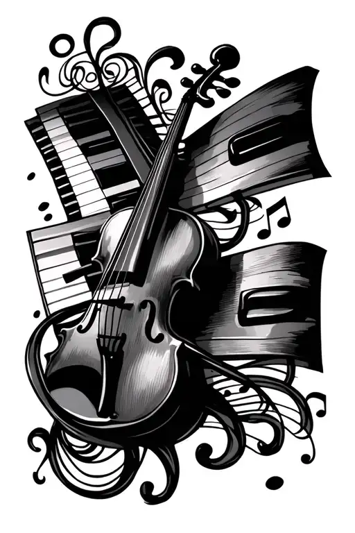 Notes, piano keys, violin and bass key, a lot of curls on a white background tattoo design idea