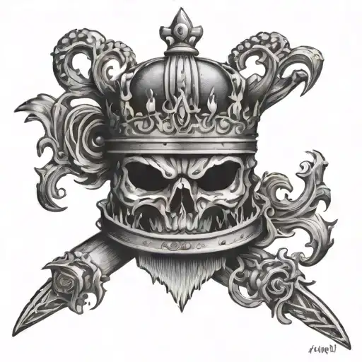 Kings crown with fire on top, katana, date  1-10-81 in Roman numerals tattoo design idea