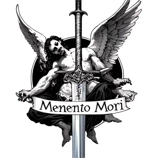 Memento Mori written in the down side a man falling and  a sword with wings of angel and devil written trust the process tattoo design idea