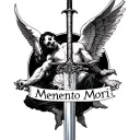 Memento Mori written in the down side a man falling and  a sword with wings of angel and devil written trust the process tattoo design idea