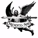 Memento Mori written in the down side a man falling and  a sword with wings of angel and devil written trust the process tattoo design idea