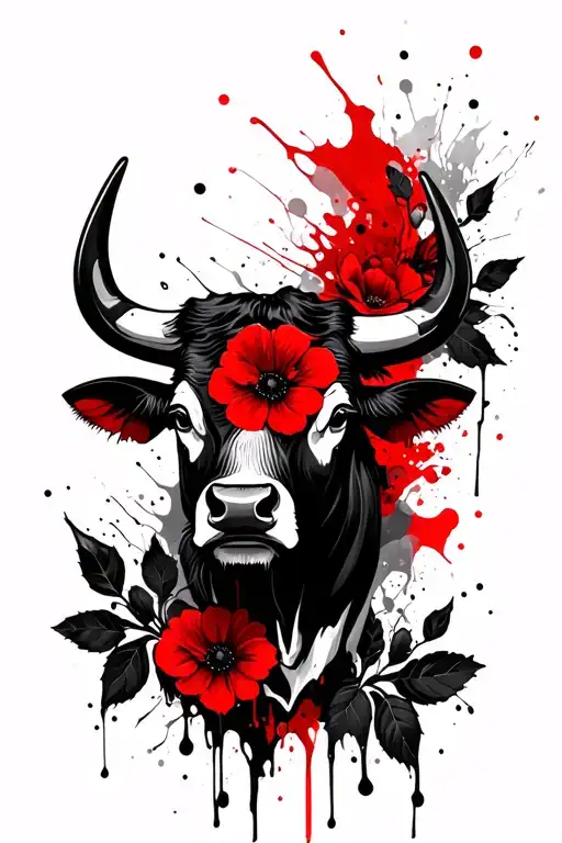 Bull head, black flowers and leaves tattoo design idea