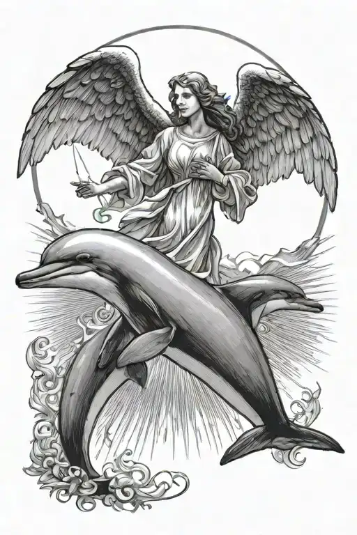 light rays shining on an angel of light talkingto  a dolphin tattoo design idea