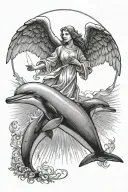light rays shining on an angel of light talkingto  a dolphin tattoo design idea