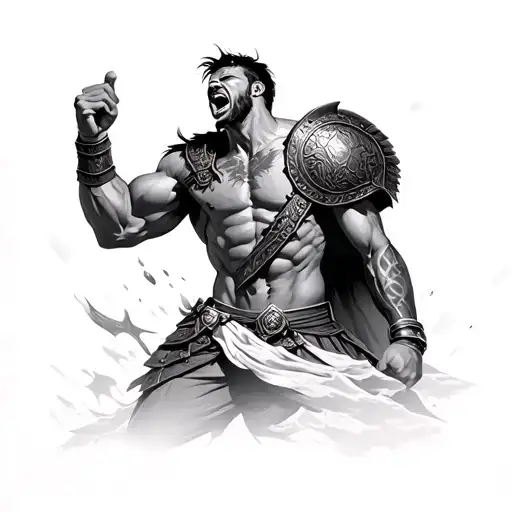 A realistic black and white tattoo of a battle-worn gladiator shouting a victorious battle cry. His muscular body is cov tattoo design idea