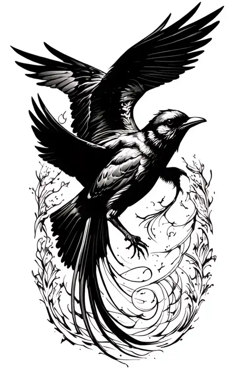 Black bird flying, 4 wings spread wide, danger tail tattoo design idea