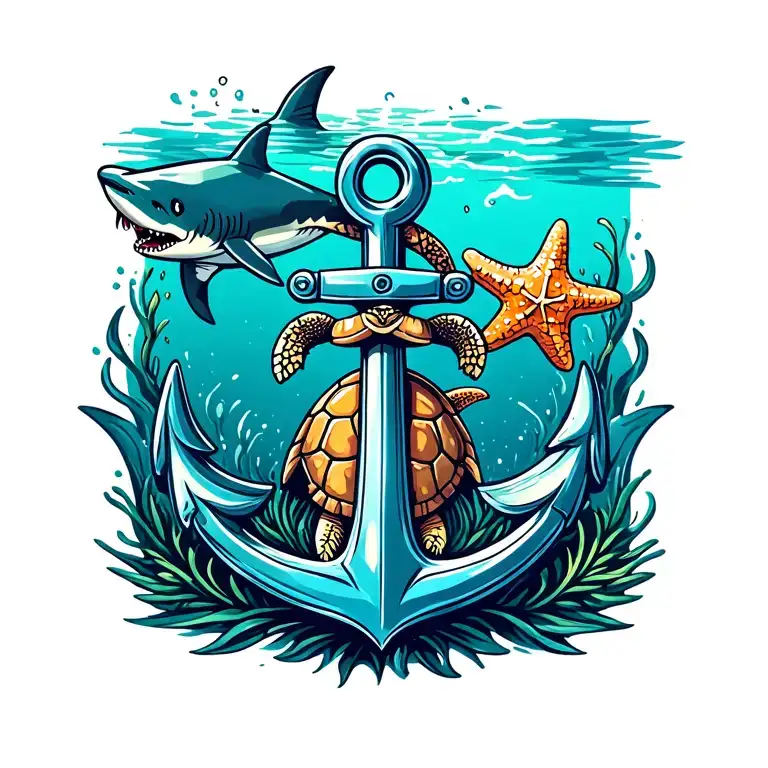 anchor with turtle and shark and starfish floating tattoo design idea