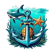 anchor with turtle and shark and starfish floating tattoo design idea