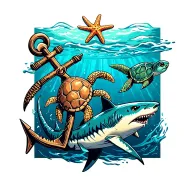 anchor with turtle and shark and starfish floating tattoo design idea