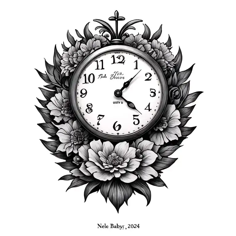 Clock with time 9:08 a.m., date: July 7th, 2024 Name: Nele Babyhand tattoo design idea