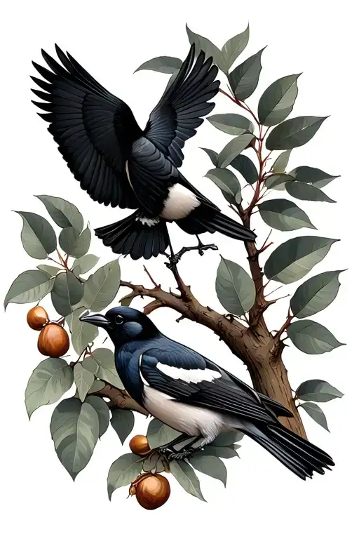 Two Australian magpies, one sits on a branch, one flying home, branch has gumnuts and eucalyptus leaves tattoo design idea