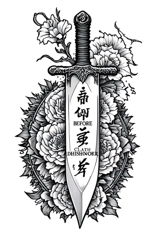 seppuku blade with words death before dishonor surrounding blade and have the name Clary inside of the blade on forearm tattoo design idea