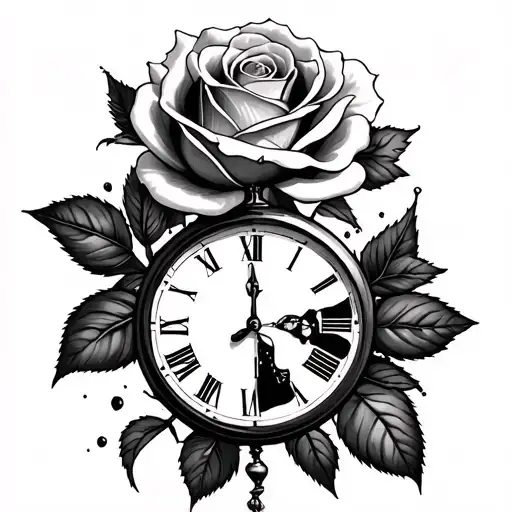 rose with hourglass and half broken clock face tattoo tattoo design idea