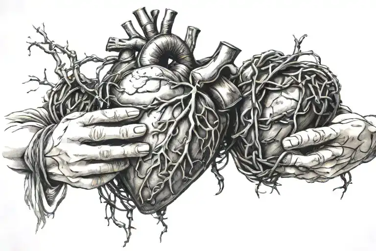 hands holding anatomical heart with barbed wire wrapped tattoo design idea