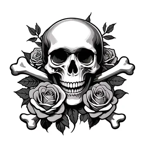 realistic skull and crossbones surrounded by roses tattoo design idea