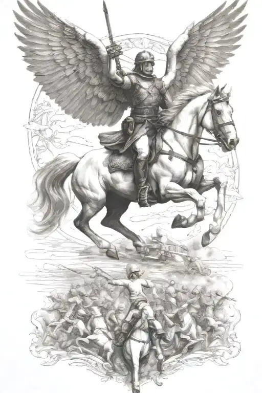 angel ride horse galloping through the war scene tattoo design idea