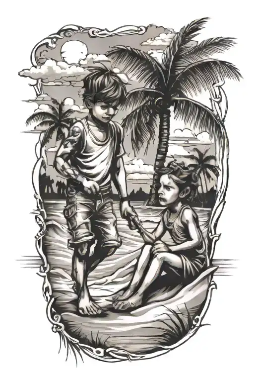 Florida beach with boy and girl playing  tattoo design idea