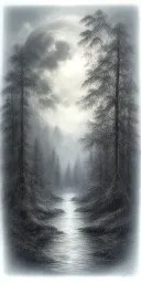 massive forest landscape with huge moon in the background with river, willow tree, and compass tattoo design idea