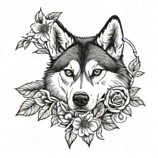 husky a rose and a daisy intertwined in two branches tattoo design idea