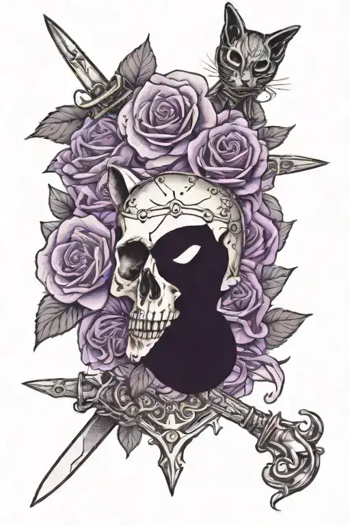 Tattoo with purple roses, one cat skull and one cat head, with three swords tattoo design idea