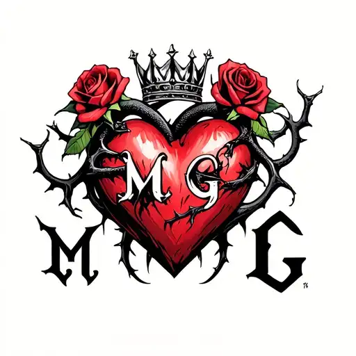 "M G" Gothic-style heart entangled with thorns, topped with a crown, four roses, and two angry snakes with Gothic-style letter tattoo design idea