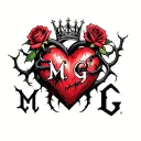 "M G" Gothic-style heart entangled with thorns, topped with a crown, four roses, and two angry snakes with Gothic-style letter tattoo design idea