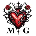 "M G" Gothic-style heart entangled with thorns, topped with a crown, four roses, and two angry snakes with Gothic-style letter tattoo design idea