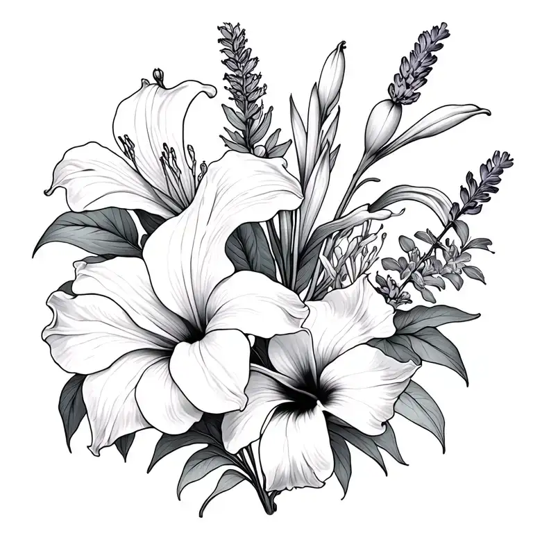 peace lily and Canada lily and stargazer lily and hibiscus and orchid and lavender and poppy connected by vines tattoo design idea
