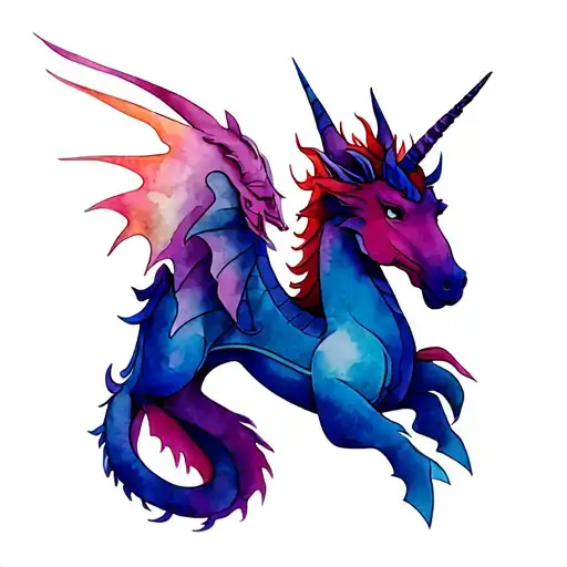 an midieval dragon beside a mythical unicorn made tattoo design idea