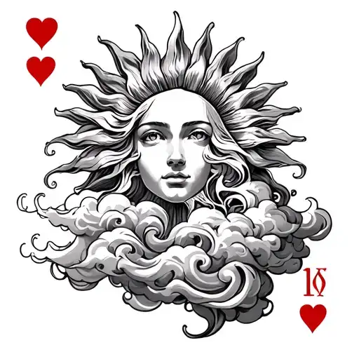 create a 4 of Hearts inspired tattoo- that contains the sun from tangled with big swirling clouds behind it, with overgr tattoo design idea