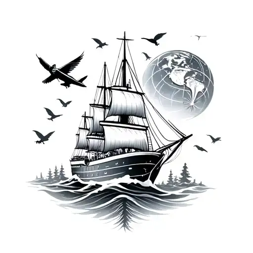 Create a tattoo with a small cruise ship, plane, globe, compass, tall trees, small birds and animals tattoo design idea