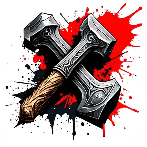  thin thor hammer in trash polka style add red tattoo design idea