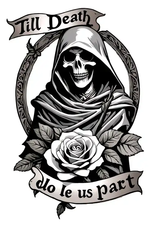 grim reaper with rose tattoo saying till death do us part tattoo design idea