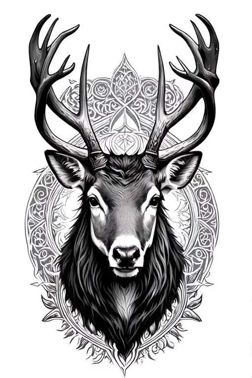 Scottish deer stag head and Norse mythology tattoo design idea